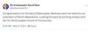 Евроамбасадорот Гир ја честита победата на Силјановска-Давкова