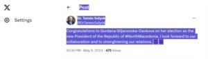 Унгарскиот претседател Суљок упати честитки до Сиљановска-Давкова